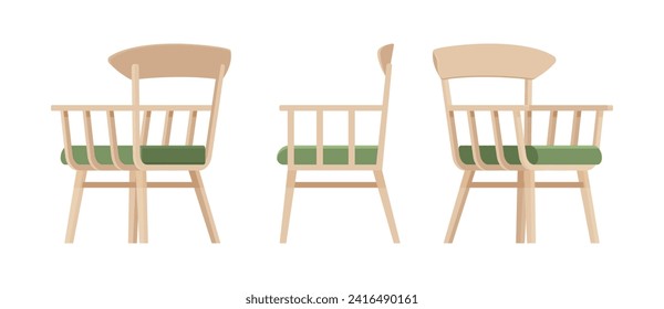 Wooden armchair, living room, patio bistro beige set. Garden, balcony, terrace lounge zone, outdoor cozy seating. Vector flat style cartoon home, office furniture objects isolated on white background