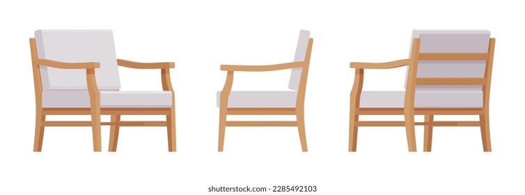 Wooden armchair with soft cushions, lounge chair set. Living room, study, garden, outdoor. Vector flat style cartoon home, office furniture articles isolated, white background front, side, rear view
