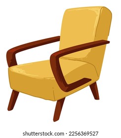 Wooden armchair with soft fabric cloth, isolated design of furniture in 1960s. Interior of 60s, armchair for living room. Fashionable classic stool with arms and comfy back. Vector in flat style