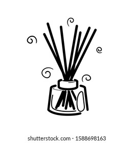 Wooden aroma sticks in glass jar. Liquid perfume oil. Essential air fragrance sticks aromatherapy. Alternative medicine. Spa and beauty Cartoon line vector pictogram isolated on white background.