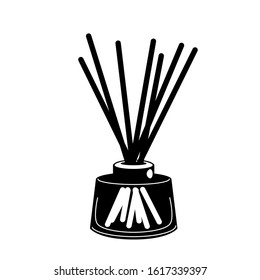 Wooden aroma sticks in glass jar glyph icon. Liquid perfume oil black silhouette. Essential air fragrance sticks aromatherapy. Spa and beauty pictogram isolated.