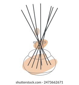 Wooden Aroma Sticks in Glass Jar. Essential Air Fragrance Diffusor Aromatherapy. Spa and Beauty relax. Outline Drawing with Abstract color shapes. Vector Linear illustration Isolated on white