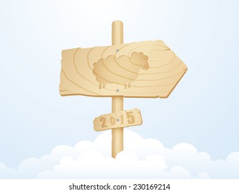 Wooden arrow board with sheep. New Year vector illustration