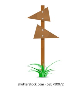 Wooden arrow with bush. Directional pointer, wooden guidepost arrow board. Vector illustration