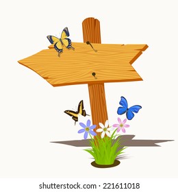 Wooden arrow with flowers and butterflies. Vector illustration