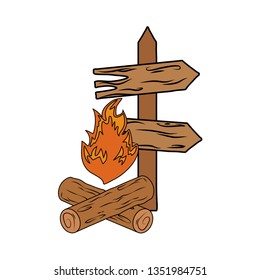wooden arrow guide with campfire