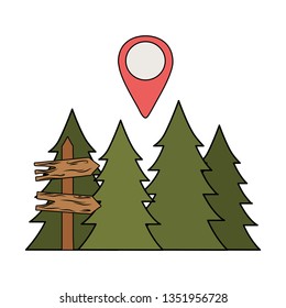 wooden arrow guide label with pines trees