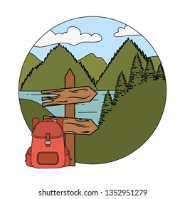 wooden arrow guide label with pines trees