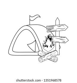 wooden arrow guide label with tent and campfire