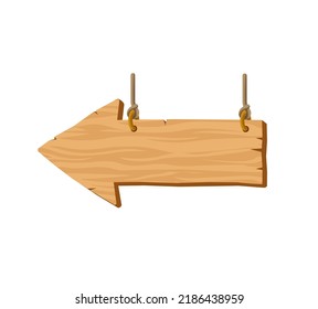 Wooden arrow hanging on the ropes. Blank Wooden signboard. Arrow showing to the left. Cartoon style vector guidepost illustration. Rough wooden shape on the ropes. Brick