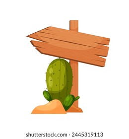 Wooden arrow indicating the path with a cactus. Wooden sign in flat style. Template for text.