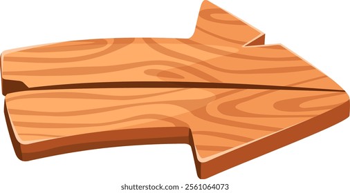 Wooden arrow made of two planks pointing right with visible wood grain, isolated on white background, ideal for indicating direction or path