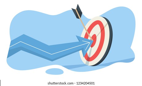 Wooden arrow on a target as a metaphor of achievement. Idea of growth and leadership. Flat vector illustration