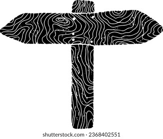 Wooden arrow, pointer. Graphics, linocut, texture. Vector black design element.