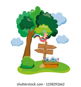 wooden arrow with rooster and houseplant in the garden