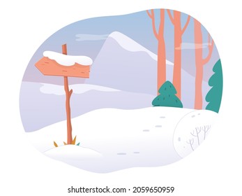 Wooden arrow sign for hikers in mountain snowy forest vector illustration. Cartoon cute scene with guide board standing on trail in woods, symbol of adventure and hiking tourism isolated on white