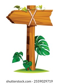 Wooden arrow sign tied with ropes pointing to the left and surrounded by leaves and tropical plants. Vector cartoon illustration