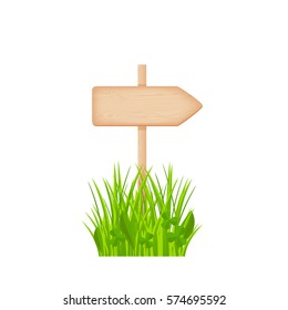 Wooden arrow signboard with knots and cracks on a pole at the grass lawn vector illustration