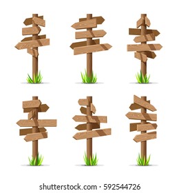 Wooden Arrow Signboards Blank Vector Set. Wood Sign Post Concept With Grass. Board Pointer Illustration Isolated On A White Background