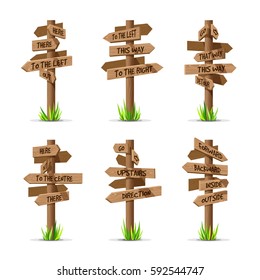 Wooden arrow signboards direction vector set. Wood sign post concept with grass. Board pointer illustration with text isolated on a white background