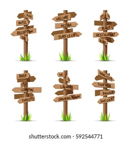 Wooden Arrow Signboards Resort Vector Set. Wood Sign Post Concept With Grass. Board Pointer Illustration With Text Isolated On A White Background