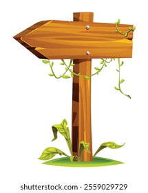 Wooden arrow signpost pointing to the left with hanging vines and leafy plants growing at its base. Vector cartoon illustration