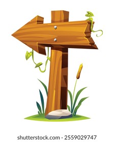 Wooden arrow signpost pointing left with vines and plants, placed on grassy ground. Vector cartoon illustration