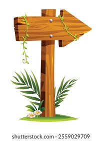 Wooden arrow signpost pointing to the right with vines, leafy plants, and tropical ground. Vector cartoon illustration