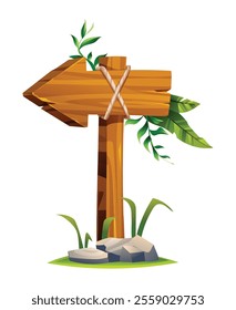 Wooden arrow signpost tied with rope, surrounded by tropical leaves and grass. Vector cartoon illustration