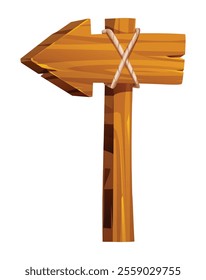 Wooden arrow signpost tied with rope, pointing left with rustic and vintage design. Vector cartoon illustration