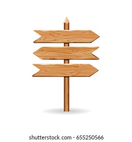 Wooden arrow signs board cartoon game icon. Vector illustration three wood signboards plank road