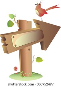 Wooden arrow with the tablet and a bird