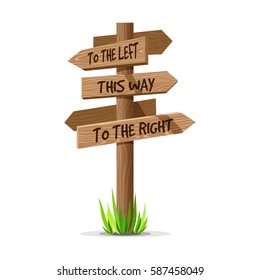 Wooden arrow vector direction signboard. Wood sign post concept with grass. Board pointer illustration with text isolated on a white background
