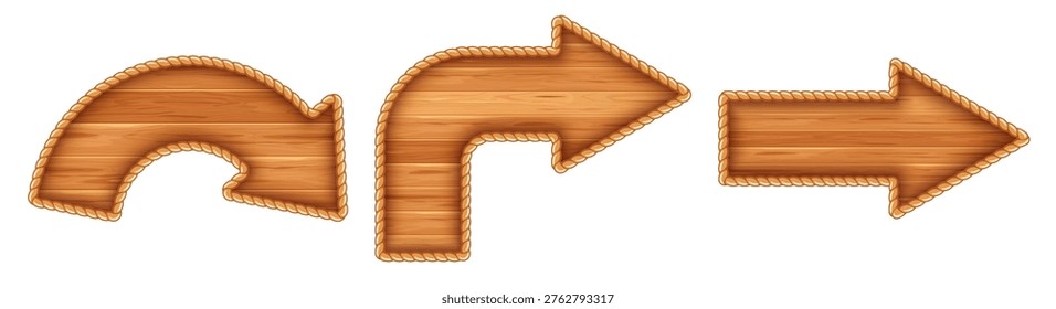Wooden arrows edged with rope. Set of wooden circular arrow shape. Turn direction signs. Pointers with wooden texture. Vector illustration