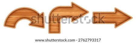 Wooden arrows edged with rope. Set of wooden circular arrow shape. Turn direction signs. Pointers with wooden texture. Vector illustration