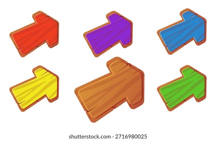 Flechas de madera. Punteros con núcleos multicolores para el diseño de juegos. Dirección del camino. Navegación de ruta. Cartel en blanco direccional. Panel de madera. Elección de dirección. Conjunto de tableros de madera apuntando aislados de Vector