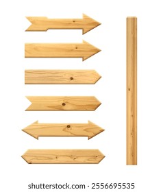 Wooden arrows pointers vector illustration set. Realistic wood sign posts. Blank arrows with wood texture.