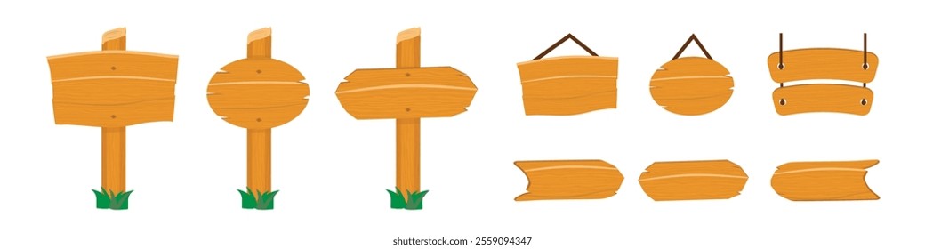 Wooden arrows pointers vector illustration set. Cartoon wood sign posts. Blank arrows with wood texture.