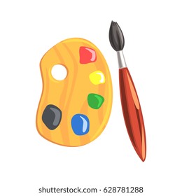 Wooden art palette and paintbrush. Colorful cartoon vector Illustration