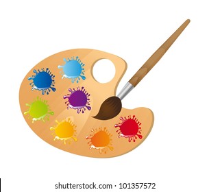 Wooden art palette with paintbrush over white background. vector