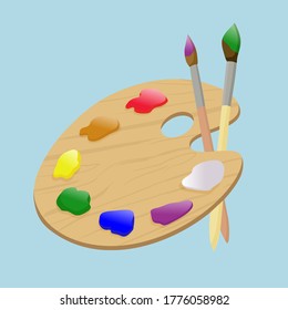 Wooden art palette with paints, and brushes for drawing. Items for creativity and learning. vector illustration