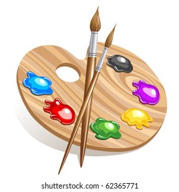 Wooden art palette with paints and brushes