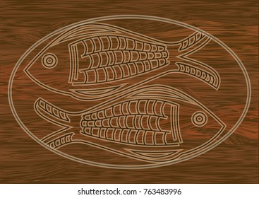 Wooden art, two fish carved into dark wood, symbol of christianity, Horoscope sign. Stzylized fish in oval frame. Vector EPS 10