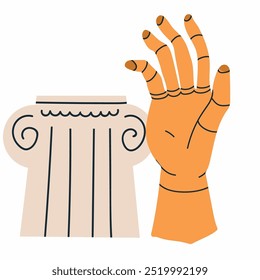 Wooden articulated figurine of a mannequin hand  for learning to draw and an ancient column. Trendy modern vector illustration, hand drawn, flat design