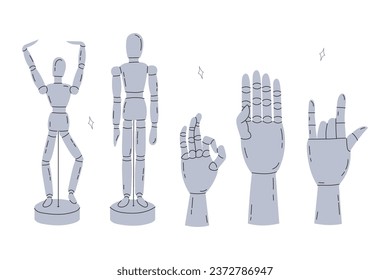 Figura de madera articulada de un maniquí y manos en varias poses para aprender a dibujar en un estilo de caricatura. Los dedos muestran varios gestos. Ilustración vectorial moderna a la moda, dibujado a mano, diseño plano