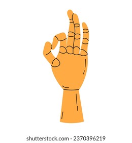 Wooden articulated mannequin figurine for learning to draw in a cartoon style. Fingers show various gestures. Art supplies. Trendy modern vector illustration isolated on white, hand drawn, flat design