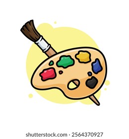 Wooden Artist Painting Brush and Art Palette with Colorful Paint Cartoon Icon Vector Illustration. Isolated background. Art supplies