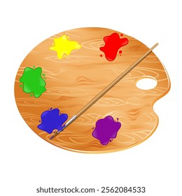 Wooden artist palette with paint brush. Icon of artist tool, watercolor. Vector illustration isolated on white background. 