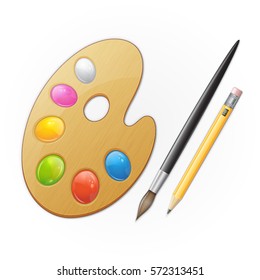 Wooden artist palette, yellow pensil and black paintbrush. Vector illustration