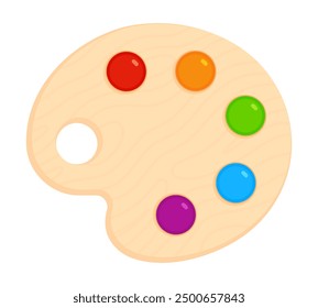 Wooden artist's palette with colorful paint blobs. Flat vector illustration isolated on white background. Art and creativity concept. Perfect for educational materials and design projects